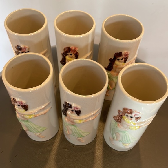 Set of 6 Ceramic Tiki-style Vases Glasses w/ Hulu Girl, Orchids of Hawaii - R73A - Picture 3 of 9